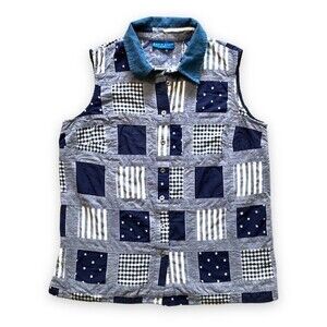 Karen Scott Sport Blue Patchwork Sleeveless Button Up Top Stars Stripes Medium